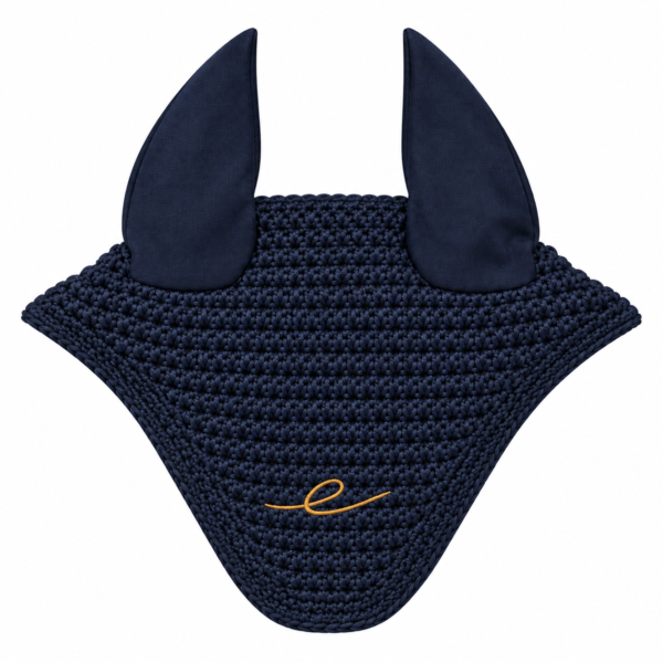 Bonnet pour cheval Héritage Bleu Marine et Or Égérie, avec maille texturée, oreilles lisses et monogramme doré.
