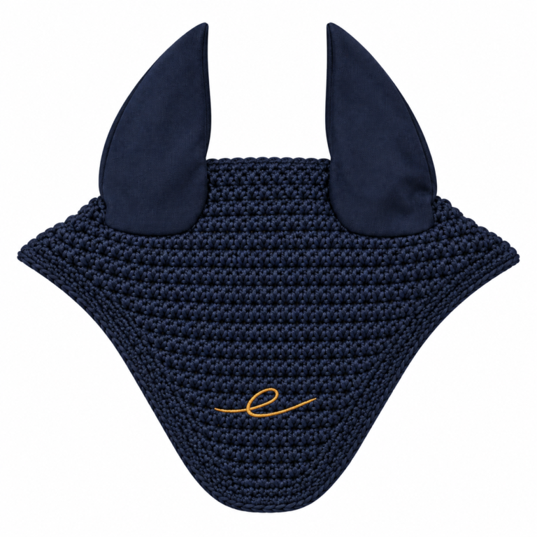 Bonnet pour cheval Héritage Bleu Marine et Or Égérie, avec maille texturée, oreilles lisses et monogramme doré.