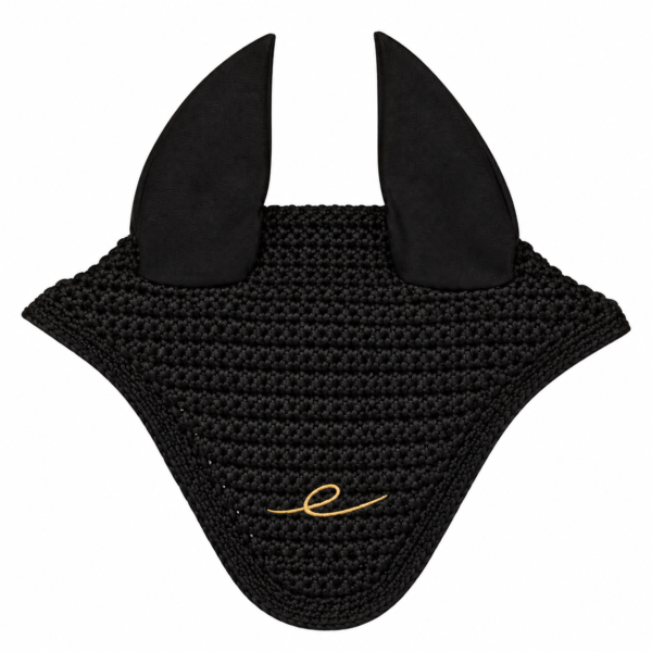 Bonnet pour cheval Héritage Noir et Or Égérie, avec maille texturée, oreilles lisses et monogramme doré.